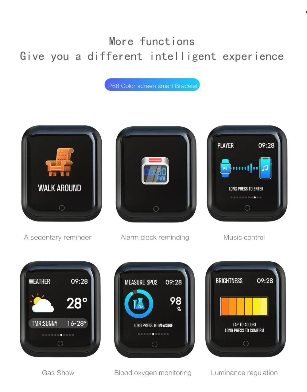 Bluetooth умные часы P68 с поддержкой кровяного кислорода, давления, сердечного ритма, IP68 Водонепроницаемые спортивные Смарт-часы для xiaomi huawei iphone