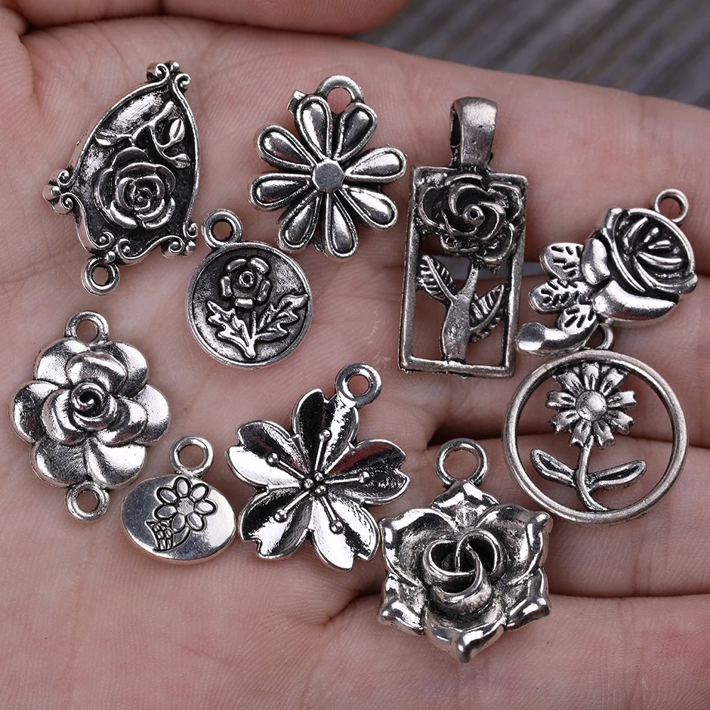 

20 Pcs Rose Charm Pendant Floral Charm Vintage Silver Tune 26~13MM DIY Handmade Accessories Craftsmanship or Jewelry Decoration