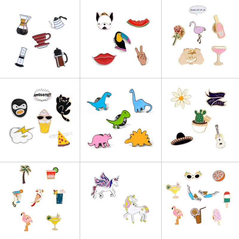

2~9Pcs/set Enamel Brooch Pin Pot Cup Dinosaur Parrot Dog Flamingo Pizza Brooch Lips Drink Brooches For Women Hat Badge Jewelry