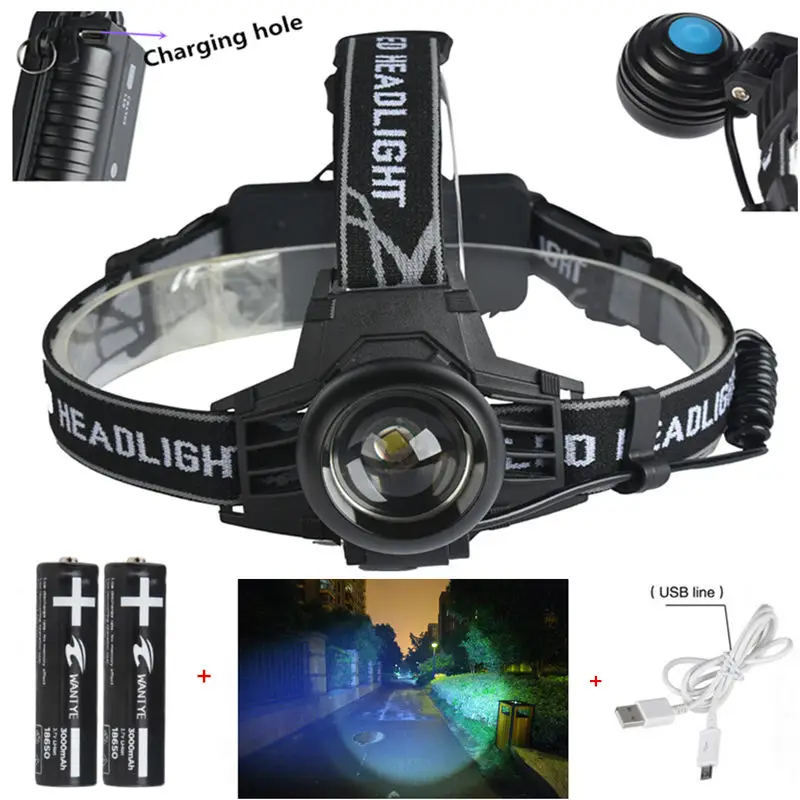 

New Headlamp CREE XM-L T6 2000 Lumens 3 Mode LED Headlight LED Rechargeable Head Light+USB line+2x18650 battery+AC/Car charger