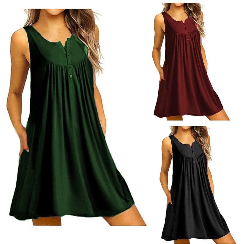 Womens Casual Summer Tank Sleeveless Knee Length Pleated Sun Dresses