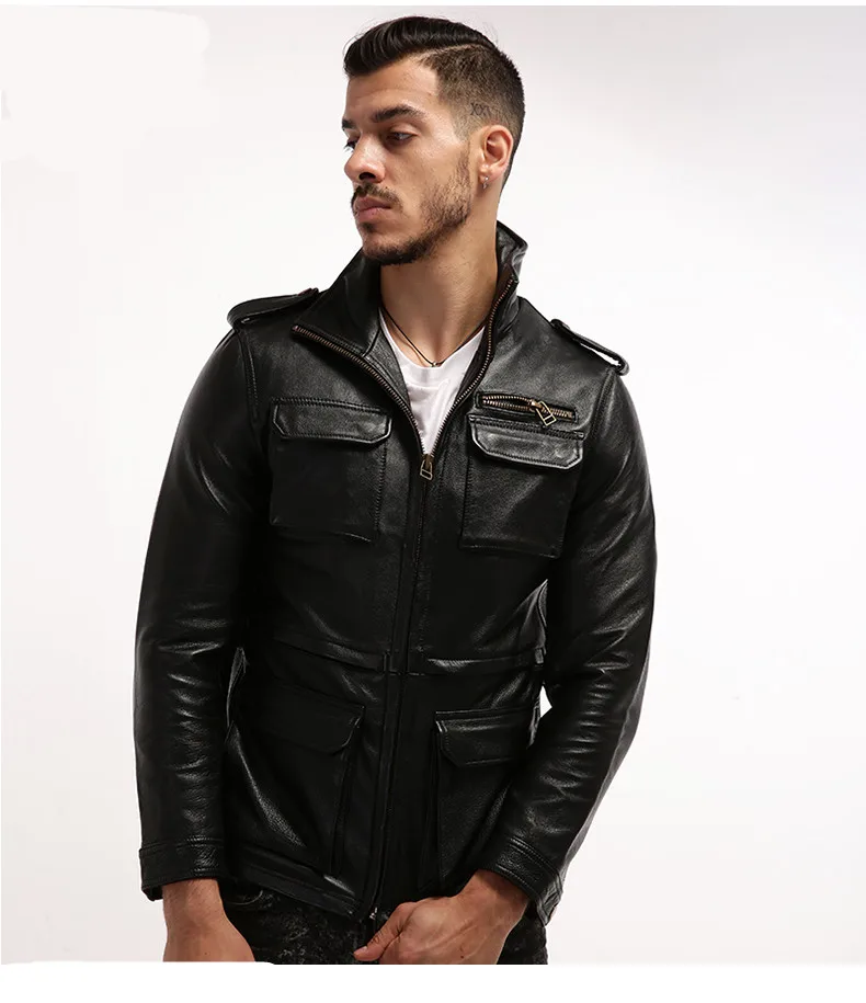 Черная мужская куртка из натуральной кожи со стоячим воротником размера плюс XXXL Толстая яловая приталенная Военная M65 кожаная куртка