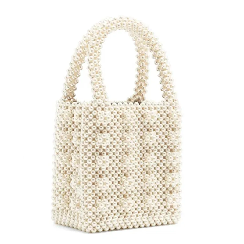 Жемчужная сумка, украшенная бусинами, женская сумка, вечерние сумки в винтажном стиле, летняя Роскошная брендовая белая ручная сумка,, Прямая поставка - Цвет: Бежевый