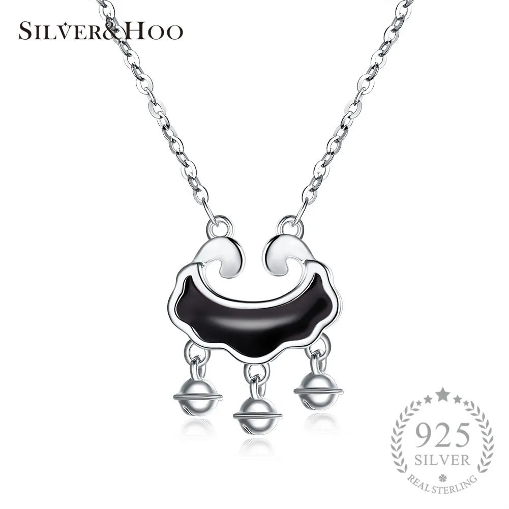 

SILVERHOO 925 Sterling Silver Black Wishful Lock Pendant Necklace Simple Style Charm Women Fine Jewelry Gift Anniversary Wedding