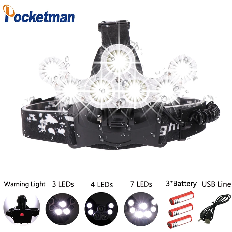 

Super Bright Collapsible 7 LED Headlight with Micro USB Line 4 Modes Headlamp Back with warning lights for 3*18650 Battery z45