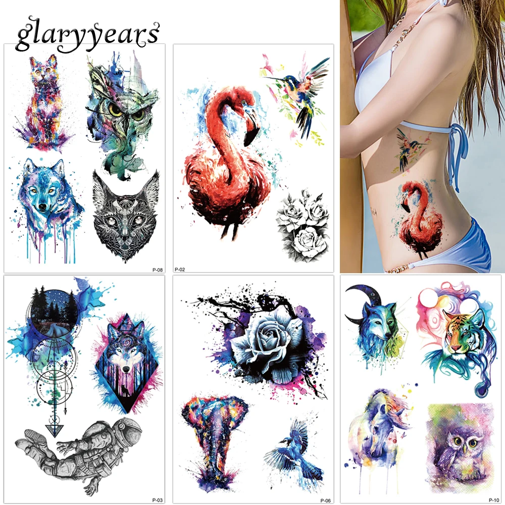 

glaryyears 25 Designs 1 Sheet Colored Drawing Body Tattoo Flamingo Cute Cat Art Temporary Makeup Tattoo Sticker Fashion P Series