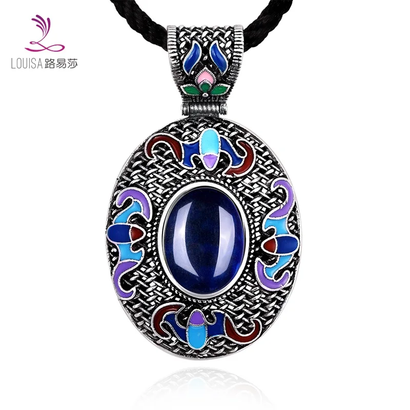 Vintage Retro Pendants Necklace Women 925 Sterling Silver Blue Corundum Natural Semi-precious Stones Garnet Pendant LF-10165