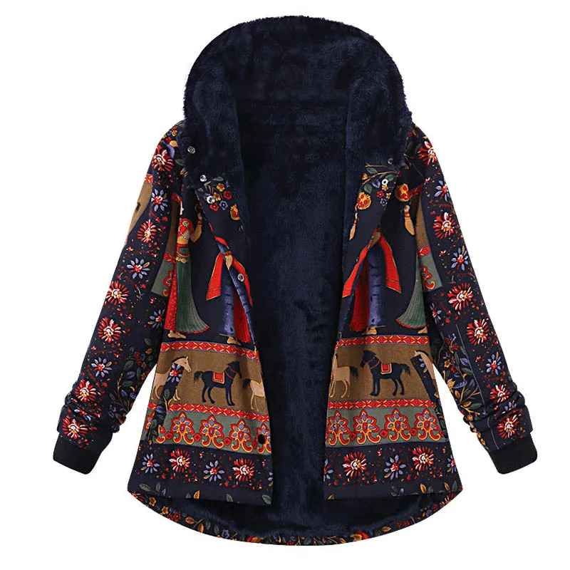 Celmia Women Winter Cotton Linen Fleece Outwear Long Sleeve Button Floral Print Vintage Jacket Casual Stylish Bohemian Warm Coat
