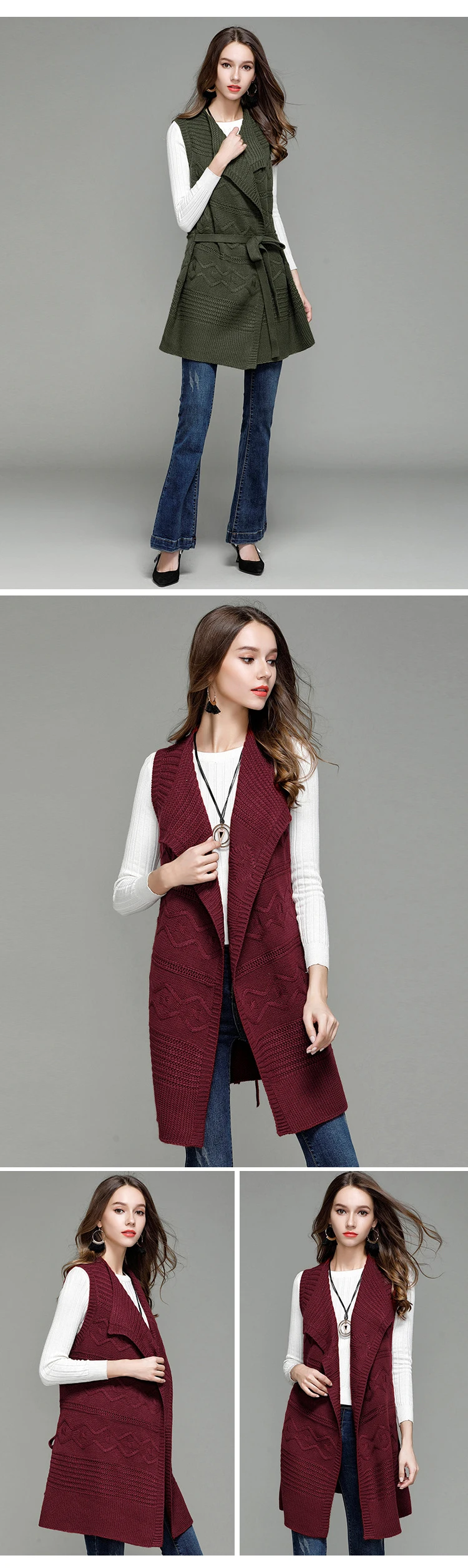 Fashion new European and American women's long paragraph lapel knit cardigan sleeveless vest sweater coat female (7)