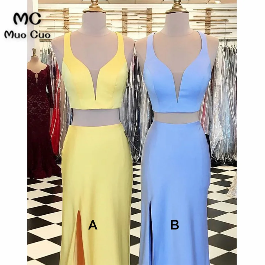 2018 yellow sky blue satin two pieces long slit column evening dresses4