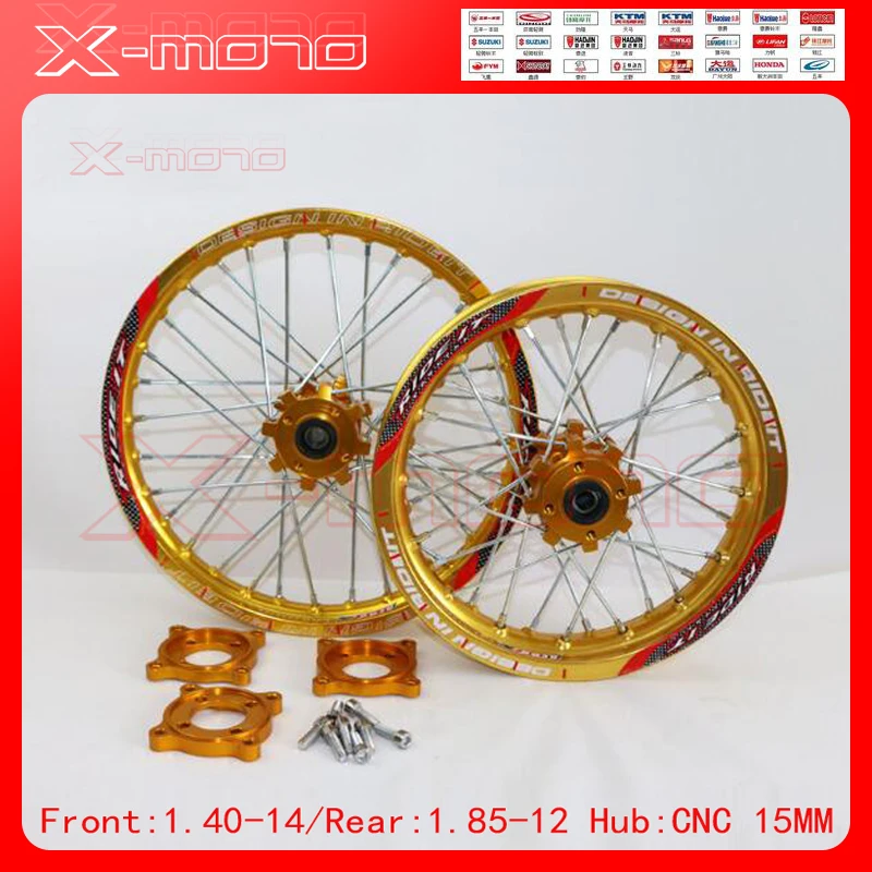 15mm Front 1.60-14" Rear 1.85-12" Alloy Wheel Rim CNC Hub For KAYO HR-160cc TY150CC Dirt / Pit bike 12 14 inch Gold wheel
