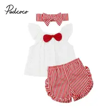 3 предмета, новинка года, летний комплект для девочек, милая одежда для маленьких девочек на день рождения красная полосатая одежда с короткими рукавами и оборками, Прямая поставка