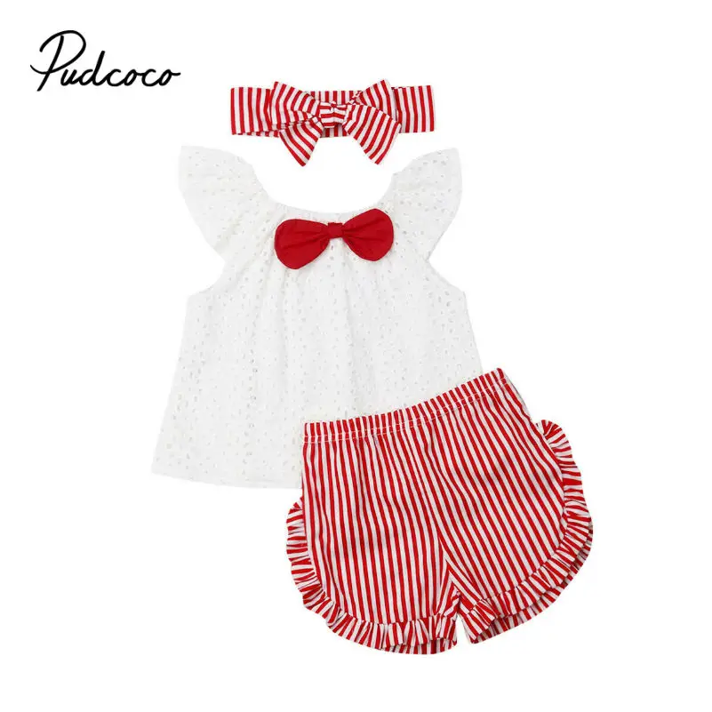 

3Pcs 2019 New Summer Girls Set Toddler Kids Baby Girls Lovely Party Birthday Clothes Red Striped Short Sleeve Ruffles Drop Ship