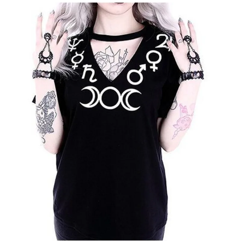 

Women Fashion Gothic Punk Witch Print Short sleeve Tops tshirts vintage t-shirt