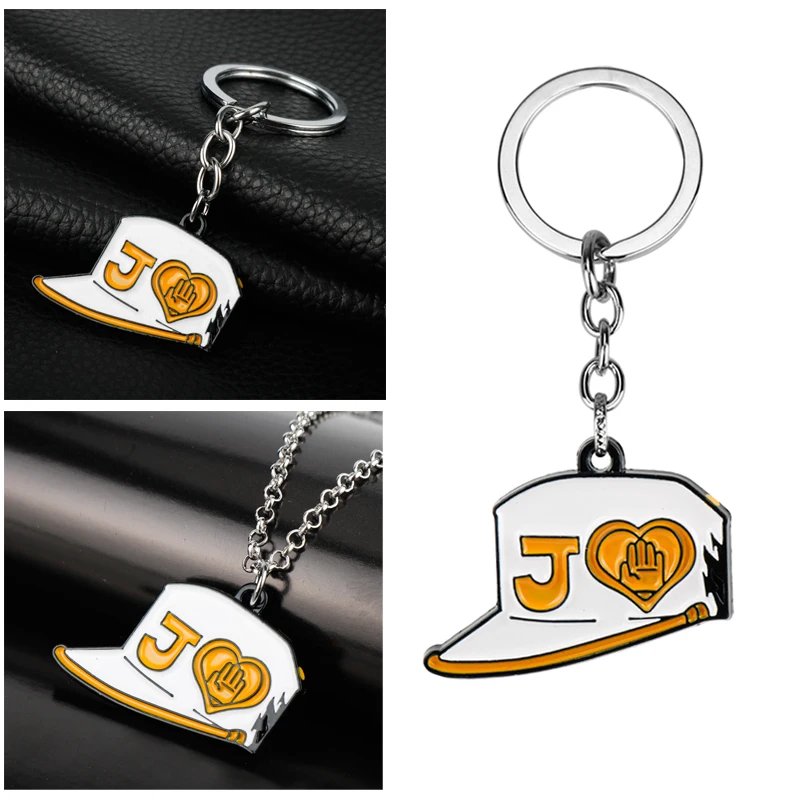 

Anime JOJOS BIZARRE ADVENTURE Keychain Alloy Kujou Jotarou Student Hats DIO Caps Keyring Holder Link Chains llaveros Men Gift