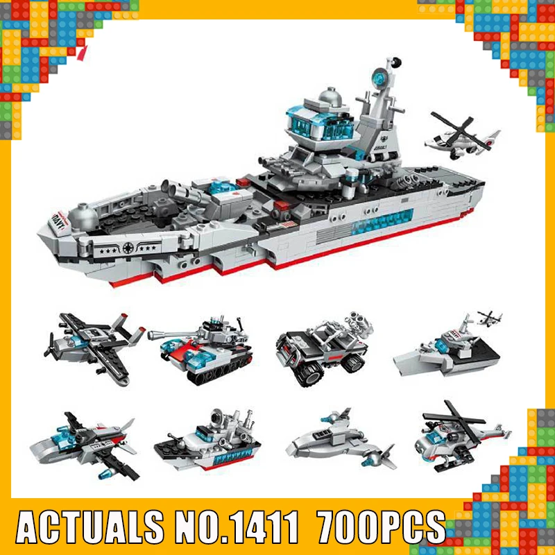 

Enlighten 1411 700pcs 8in1 Cruiser Warship Helicopter Fighter Car Military Tank Building Blocks Toys Compatible with legoe