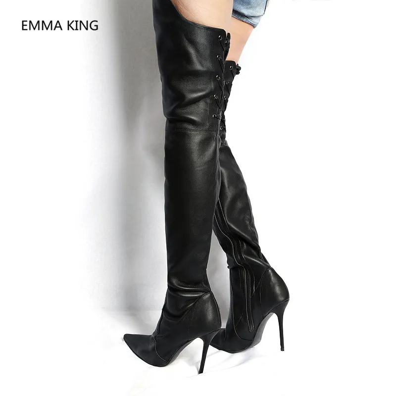 

Black PU Thigh High Over The Knee Boots Women Fashion Pointed Toe Sexy High Heels Botas Mujer For Women Party Shoes Woman 35-43