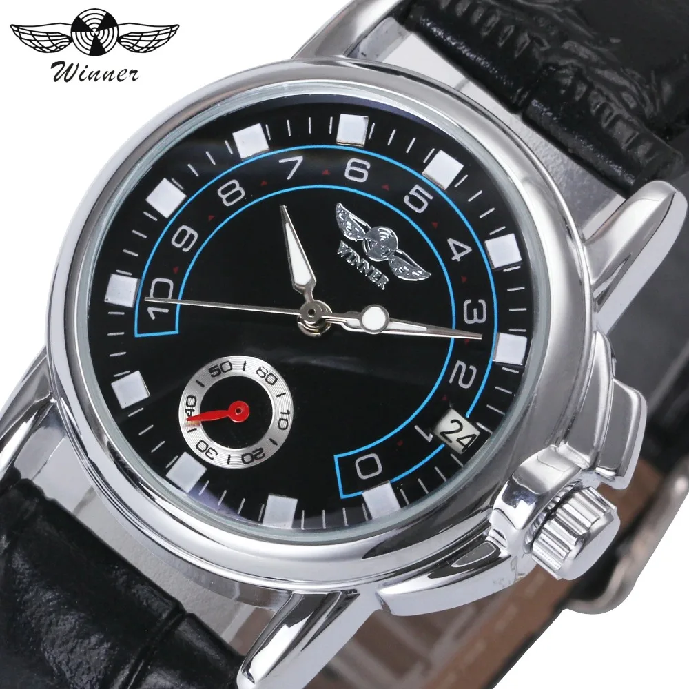 

WINNER Men Concise Auto Mechanical Watch Black Leather Strap White Calendar Date Dial and Top Brand Fashion Design Wristwatch