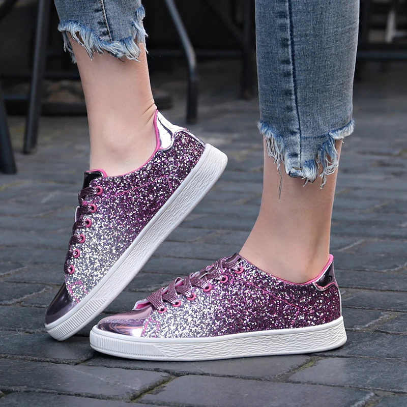 

Fashionabl Sequins Vulcanized Shoes for Women Comfortable Lace-up Sneakers Woman Rhinestone Flats Casual Shoes Chaussures Femme