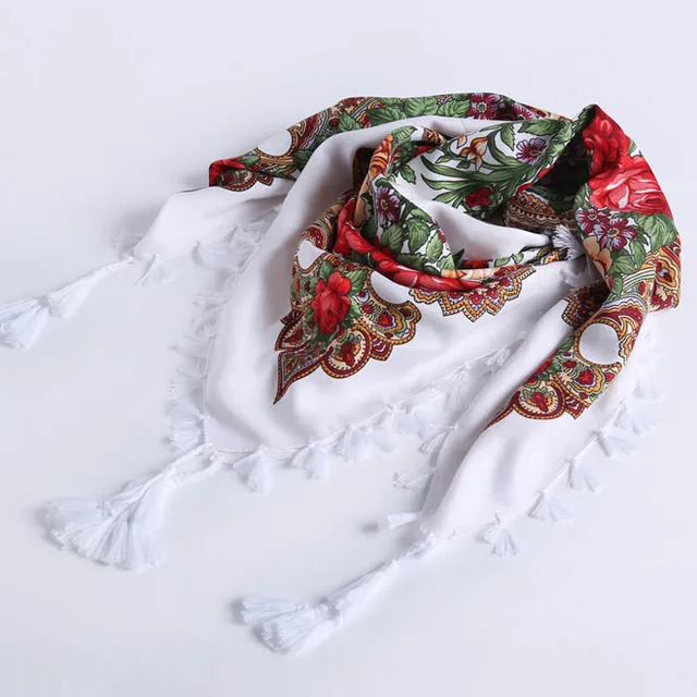 2018 New Russian Women Wedding Ethnic Style Square Shawl andmade Cotton Print Flower pattern Brand Scarf Tassel Headband