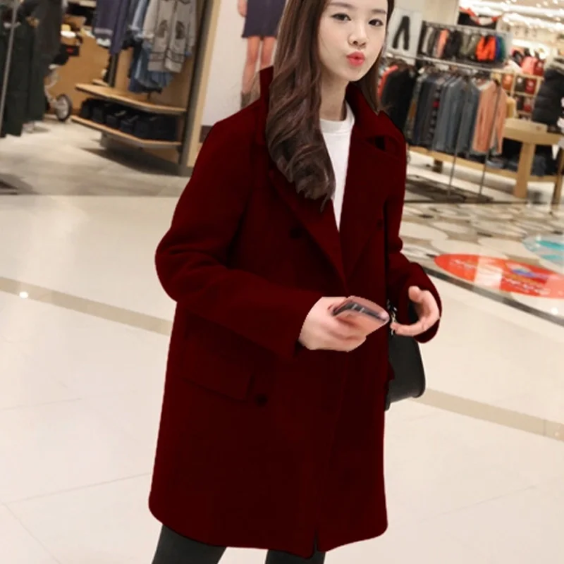

2019 Winter Spring Warm Coat Female Womens Long slim thicker woolen overcoat outerwear Turn-down Collar Double Breasted Coats