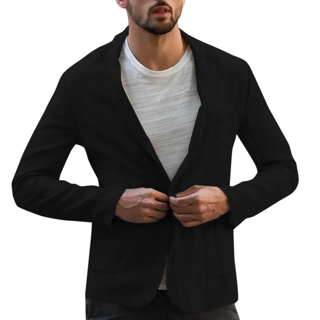 Hot Men Slim Fit Linen Blend Blazers Business Suits Solid Color Slim Dress Business Suit Long Sleeve Blazer Jacket Outwear - Цвет: black