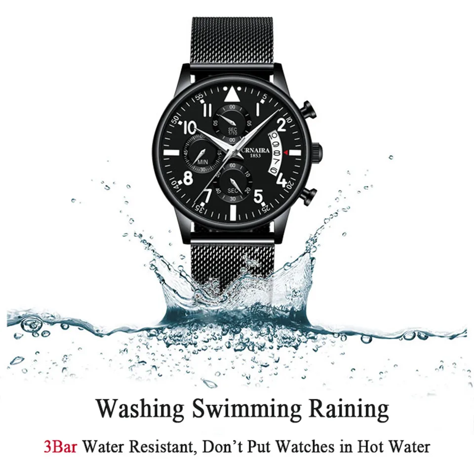 Модные мужские кварцевые наручные часы с миланским сетчатым ремешком, водонепроницаемые Роскошные часы пилота, швейцарские часы с хронографом из нержавеющей стали