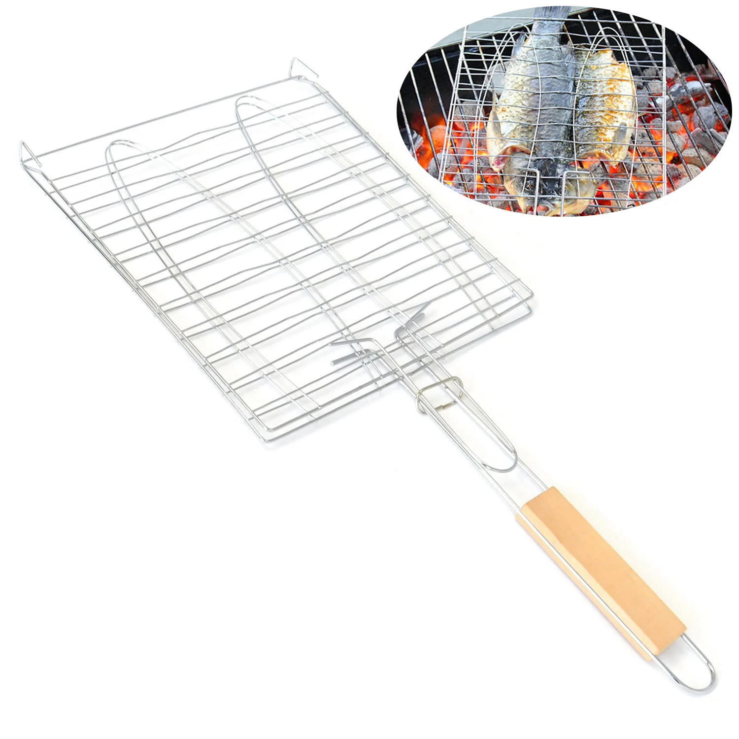 1PCS WOOD HANDLE STAINLESS STEEL BBQ FISH GRILLED NET 2 FISH BARBECUE