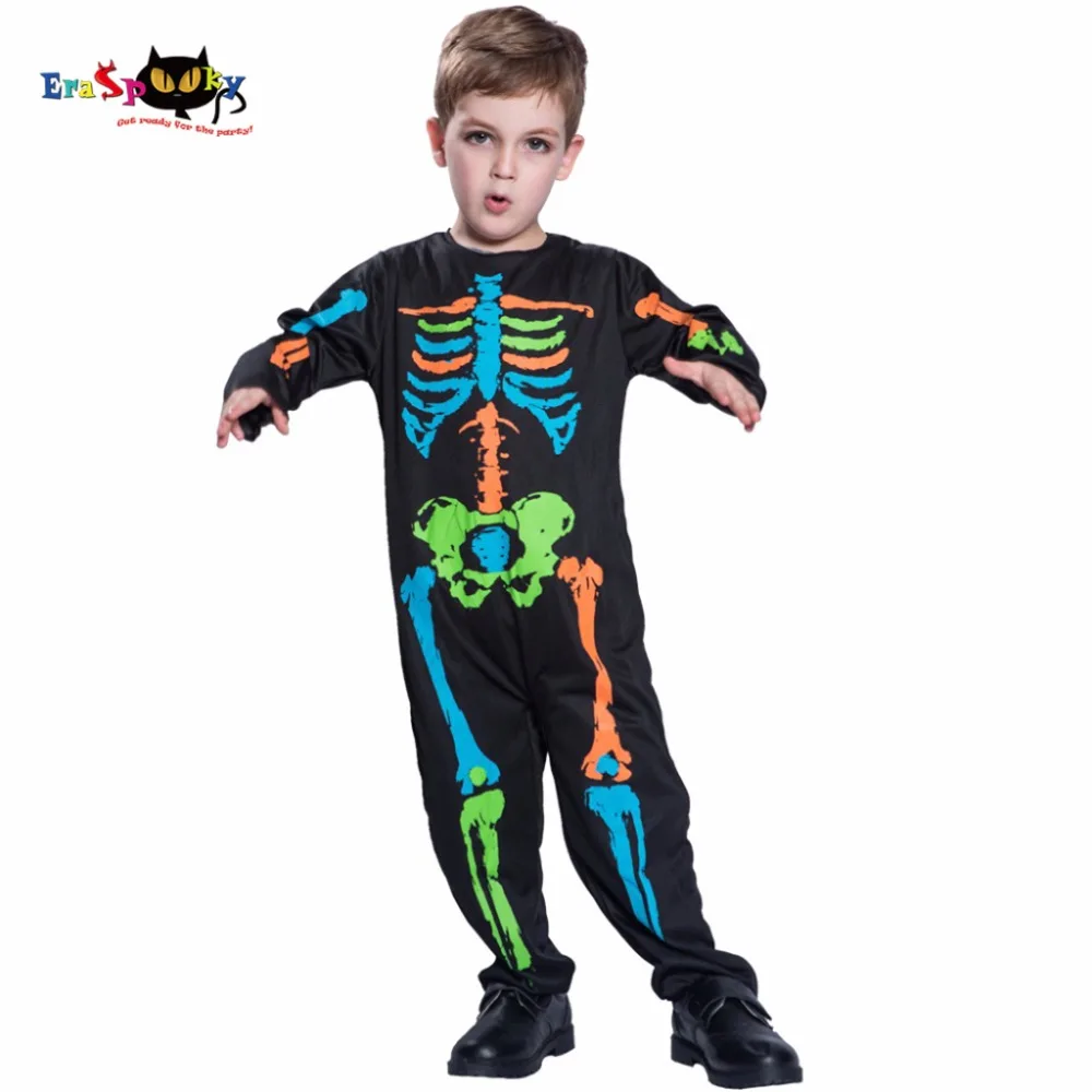 

Children Multicolor Bones Halloween Costume For Kids Scary Boys Skeleton Cosplay Black Pyjama Jumpsuit Carnival Party Outfit