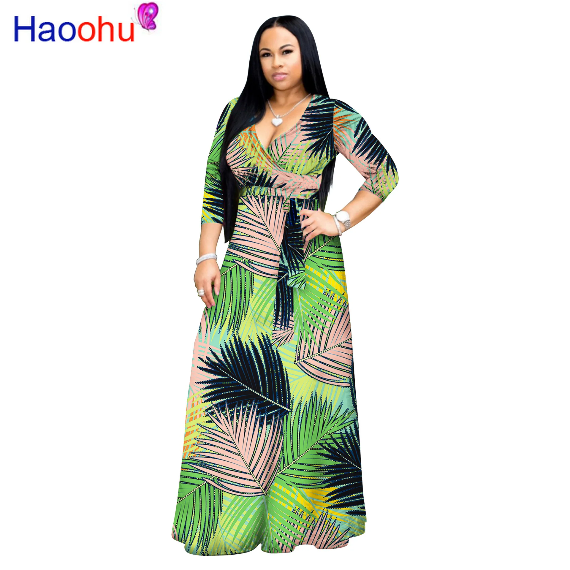 

Leaves Print Summer Plus Size Dress 2019 Women Deep V Neck Three Quarter Sleeve Boho Dress Elegant High Wasit Sashes Long Dress