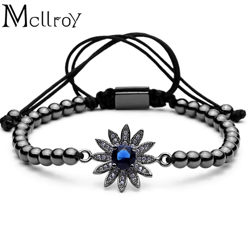 

Mcllroy Men Bracelets Round Beads Micro Pave White CZ Beads Macrame Braided Charm Bracelets Jewelry Sunflower Charms Bracelet