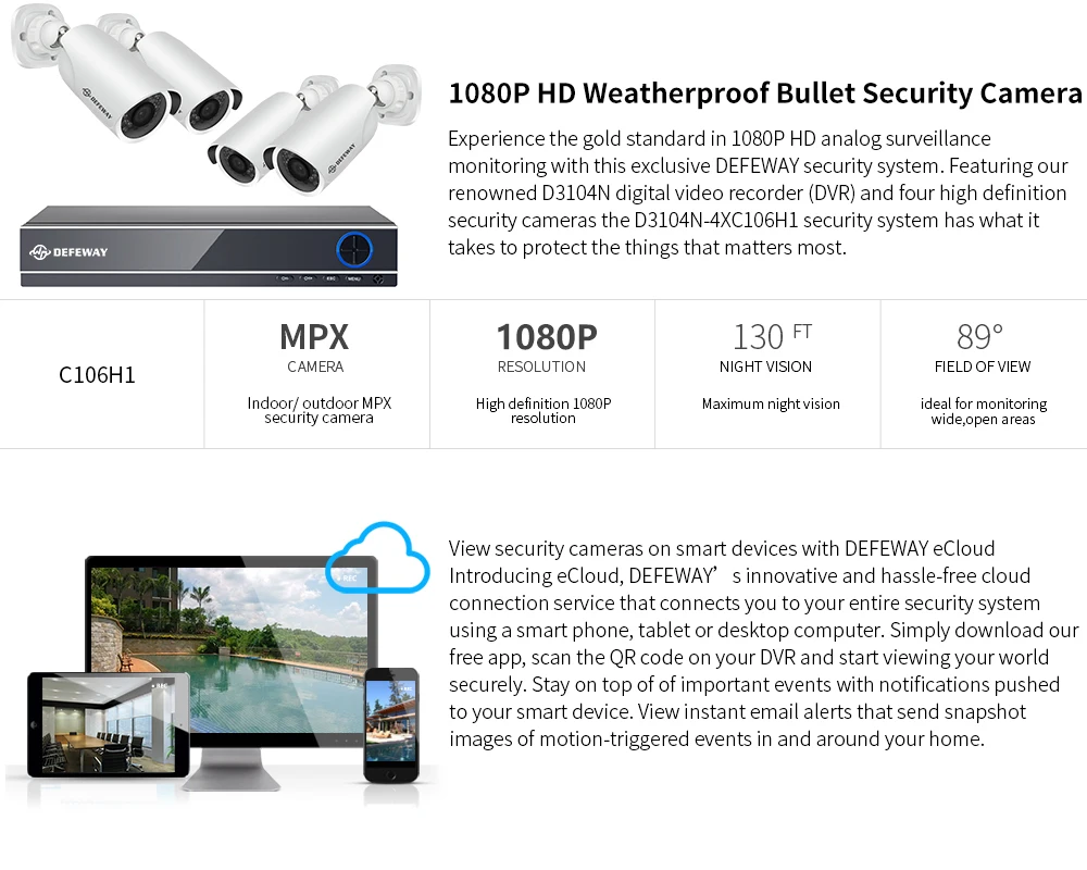 DEFEWAY 4CH CCTV система 1080p DVR 4 шт 2.0MP IR Всепогодная наружная система камер домашней безопасности 4CH DVR комплект