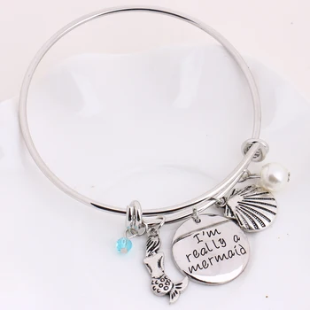 

Little Mermaid Adjustable Bangle Anime Mermaid Pendant Pearls Beads Jewelry Crystal Charm Bracelet Shell Ocean Jewelry Wholesale