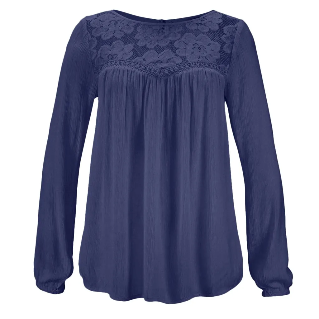 Кружевная Лоскутная рубашка, женские повседневные топы с длинным рукавом, блузка, одноцветная, большой размер, женские свободные топы, женская рубашка/PT - Цвет: Тёмно-синий