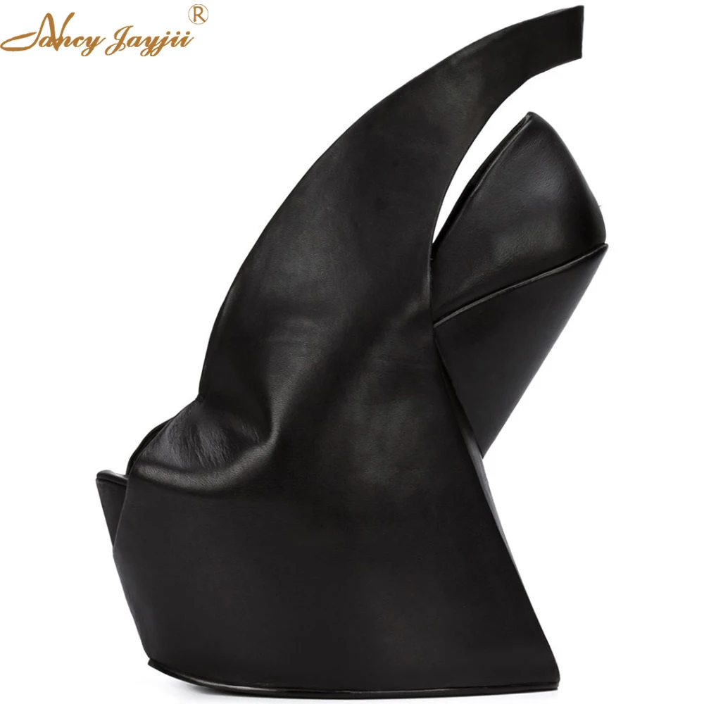

Real Leather Strange Heels High Platform Women Pumps Ladies Shoes Black Plus Size 16 Slip-on Novelty Peep Toe Sexy Party Dress