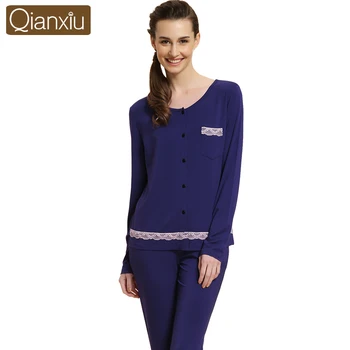 

2020 Spring Two-Piece Female Sweety Lace Pajama sets Women Modal Sleepwear suit Women Long Sleeve O-neck collar shirt & Pants