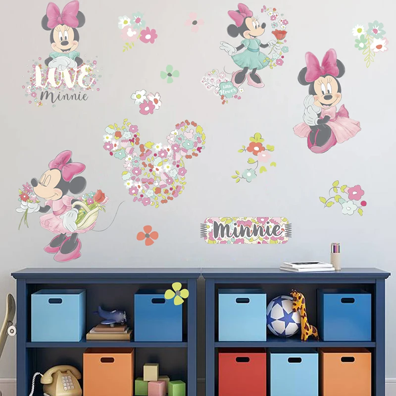 Lovely Disney Minie Mouse With Flower PVC Wall Stickers For Girls Room Party Decor Poster Cartoon Wall Mural Art Diy Home Decals