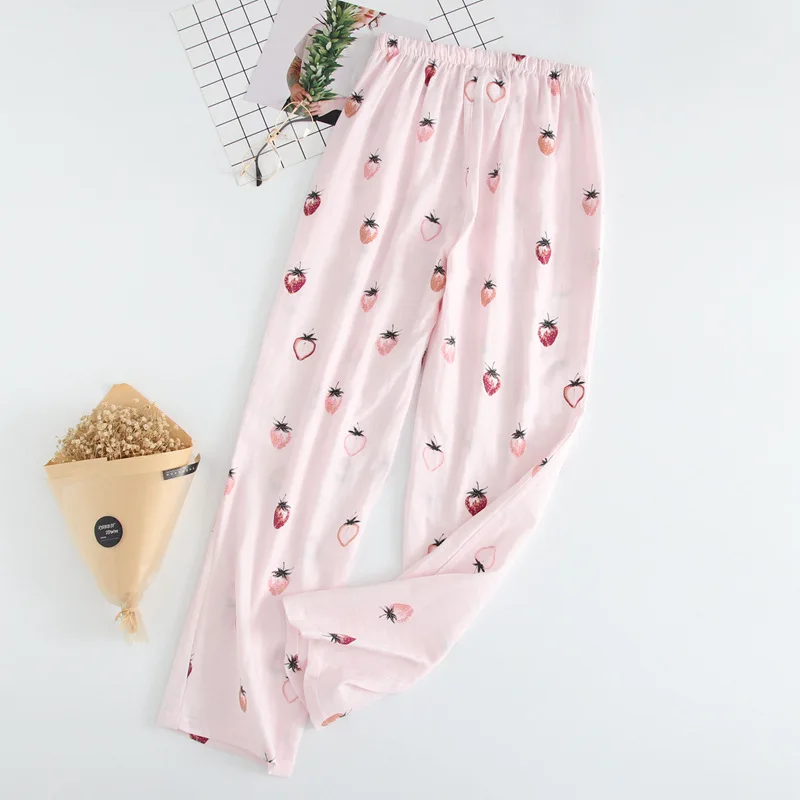 Пижамные штаны для женщин, хлопок, новинка, весна и осень, двойные марлевые брюки, домашние штаны, цельный рисунок клубники, для отдыха - Цвет: Розовый