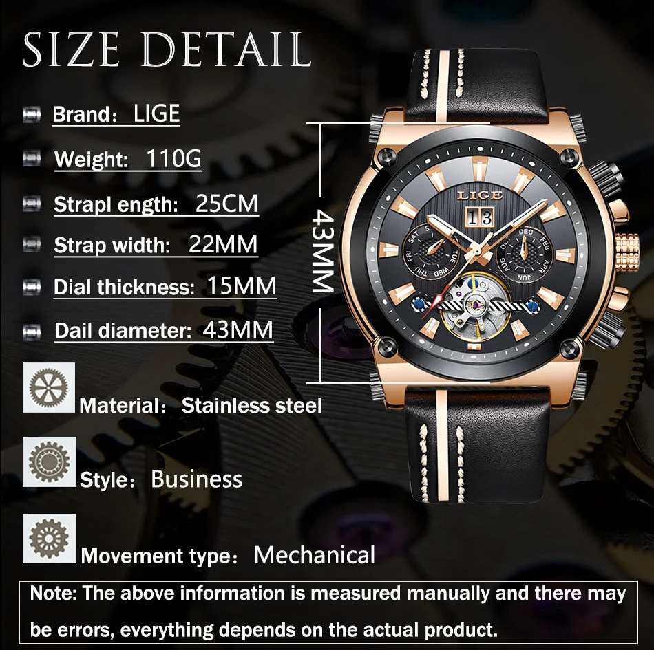 LIGE для мужчин часы лучший бренд класса люкс автоматические механические часы мужской кожаный водостойкий Спорт Бизнес наручные часы Relogio