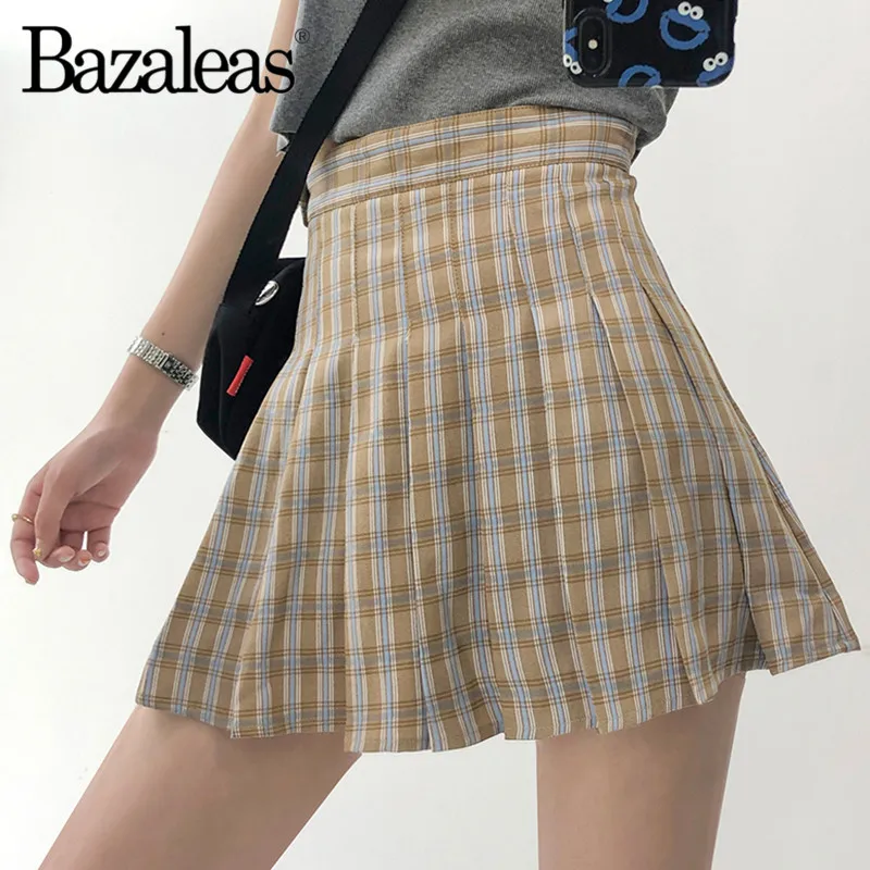 

Bazaleas Sexy plaid Pleated Skirts Harajuku Tartan Cream Women Skirt Fashion Mini Skirt Side Button High Waist skirts womens