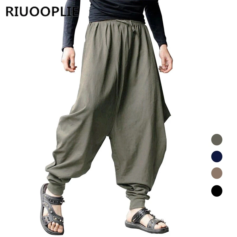 RIUOOPLIE New Men s Casual Harem Japanese Trousers Retro Cotton Linen Hakama Pants 1