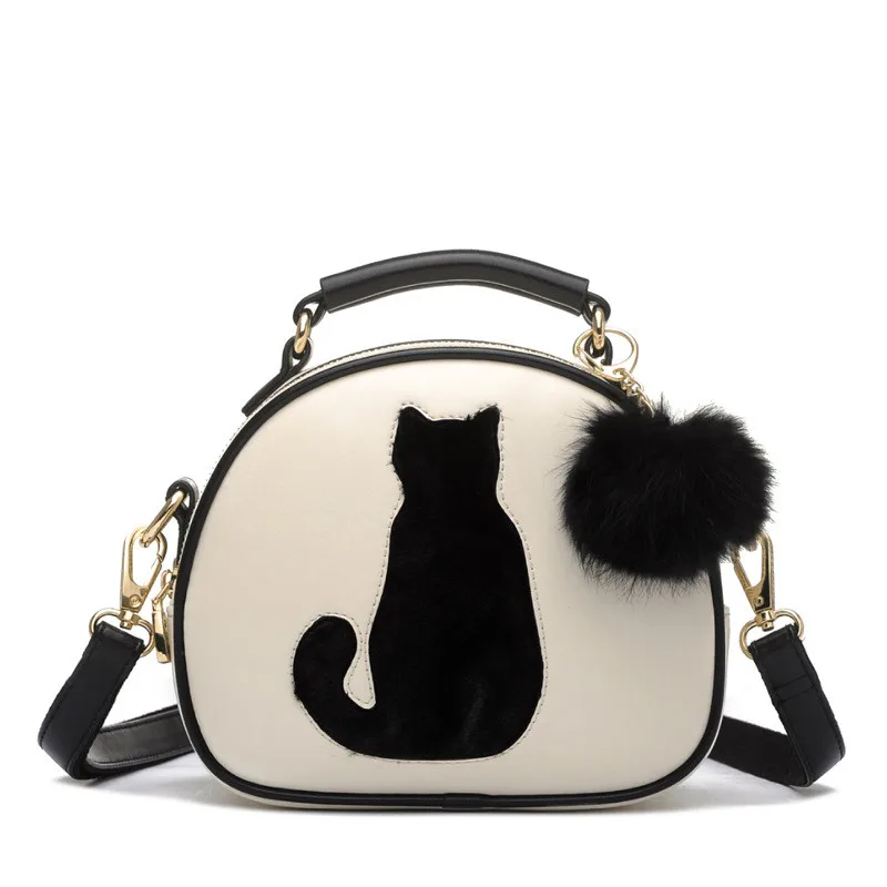 

2019 Lady Crossbody bag Circular shoulder bag Cat Printing Bag Women Leather Handbags with Fur Ball Women Messenger Bag 4 colors