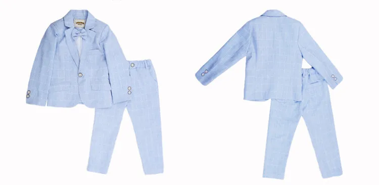 Модные клетчатые Двойка комплект пальто+ штаны для мальчиков костюмы Формальные блейзер для мальчика KS - Цвет: Небесно-голубой