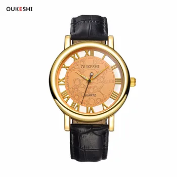

Men's Watch Hollow Engraving Gold Leather Waterproof Skeleton Watch Men Luxury Brand Business Watch montre homme Reloj Hombre