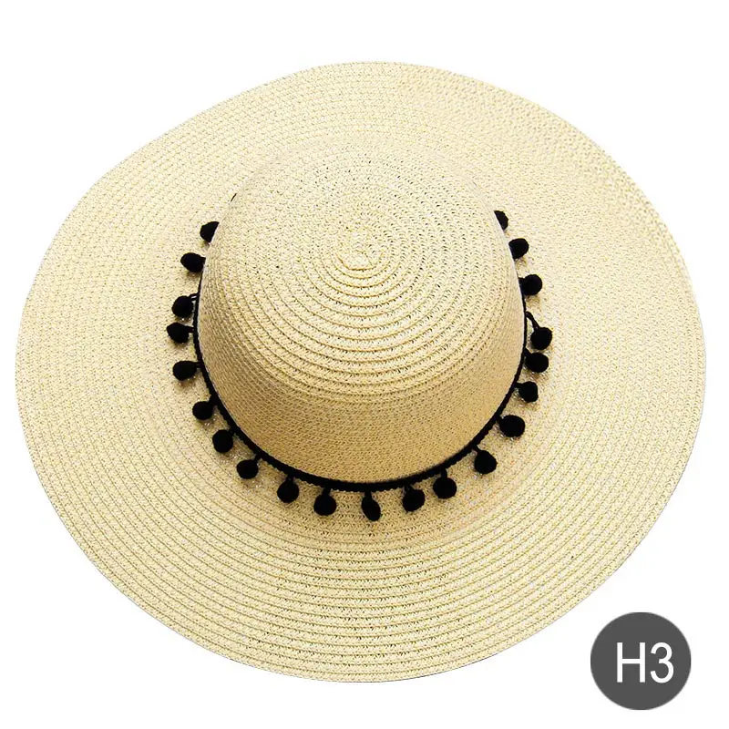 Индивидуальная соломенная шляпа с вышивкой, надпись, пляжная шляпа, шляпа от солнца для женщин, летняя шляпа, черный помпон, женские солнцезащитные кепки - Цвет: H3