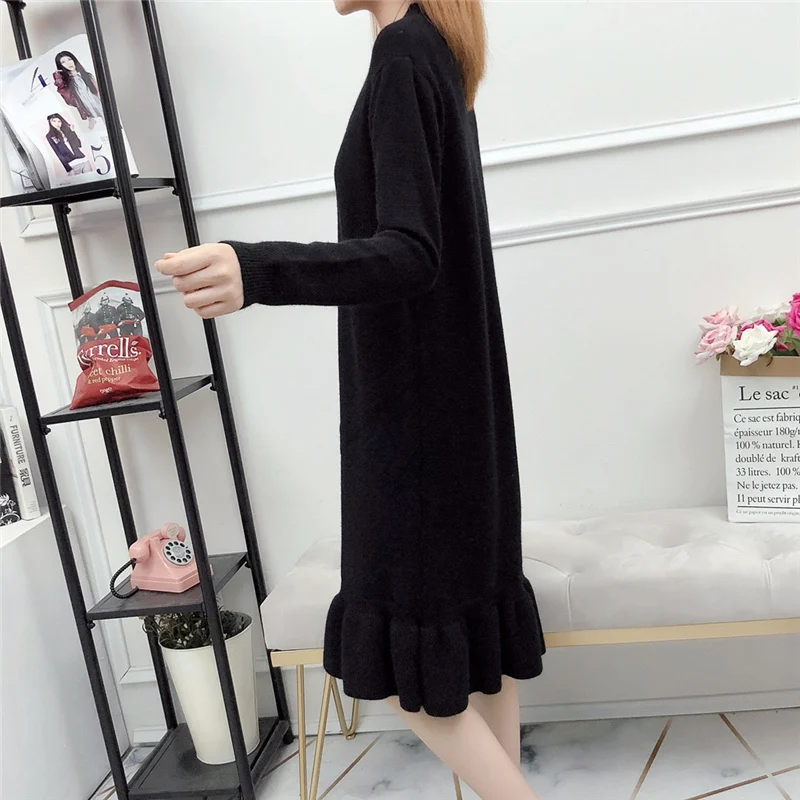 chic Winter Black Sweater Dress Women O-neck Long Sleeve Mid-Calf thick Knit Dress bodycon female slim girl short dress