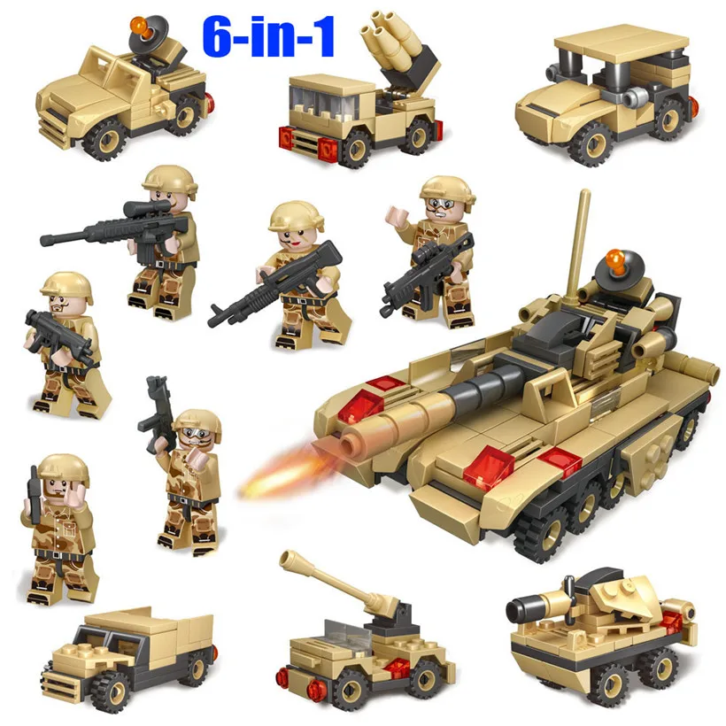 

6 in 1 Army Tank Building Blocks Bricks Military Vehicles Compatible Block Weapons Soldiers Brinquedo Menina Toys For Children
