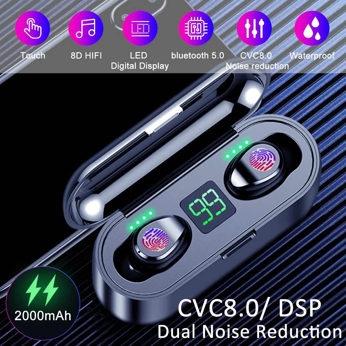

F9 TWS Wireless bluetooth 5.0 Earphone Mini LED Display With 2000mAh Power Bank Phone Holder Sports Earbuds With Mic