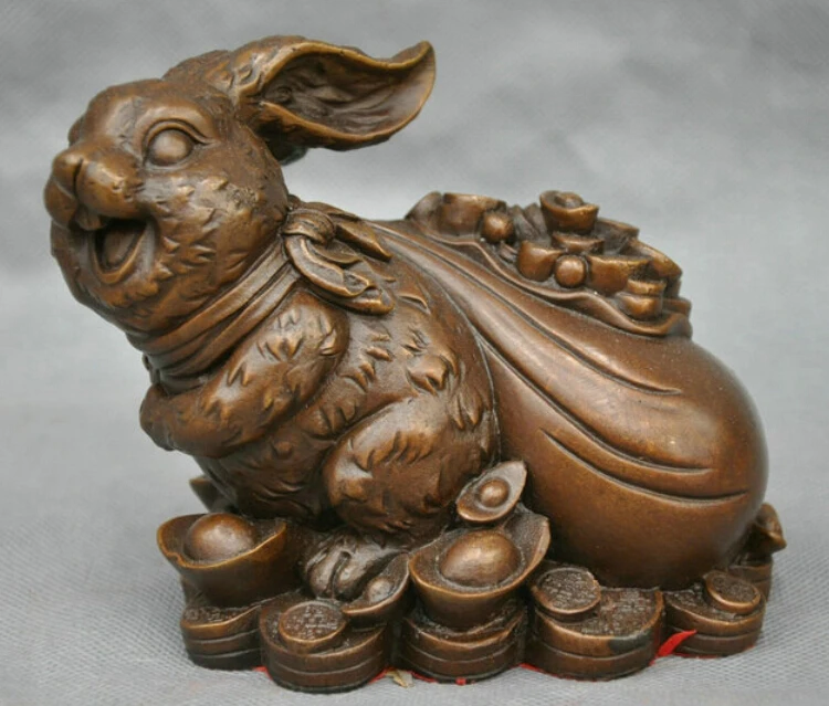 

6" China Fengshui Bronze Zodiac Year Rabbit Bunny Drag Coin Money Bag Statue R0712 B0403