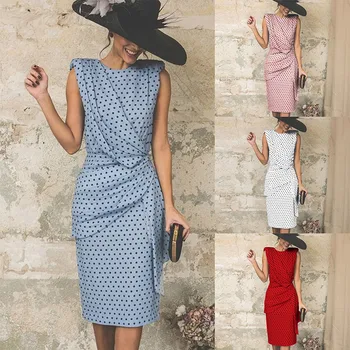 

Sexy Elegant Package Hips Women Party Dress Fashion O-Neck Dot Sleeveless Summer Dress Plus Size Office Ladies Long Vestidos